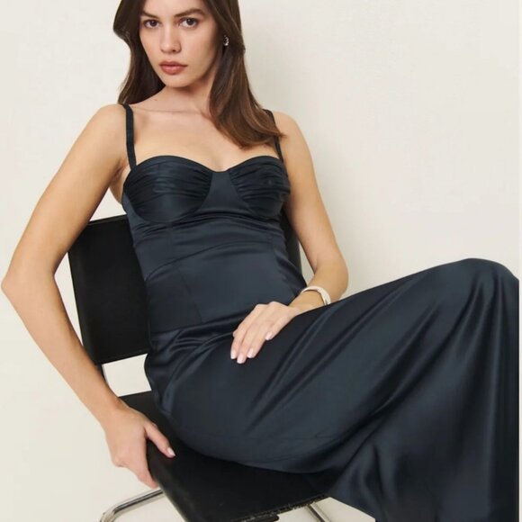 Reformation Stormi Satin Dress- Navy Blue - Picture 5 of 5